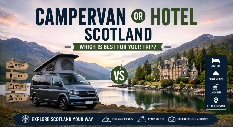 Campervan parked beside a scenic Scottish loch with a traditional Highland hotel in the distance, comparing travel styles in Scotland.