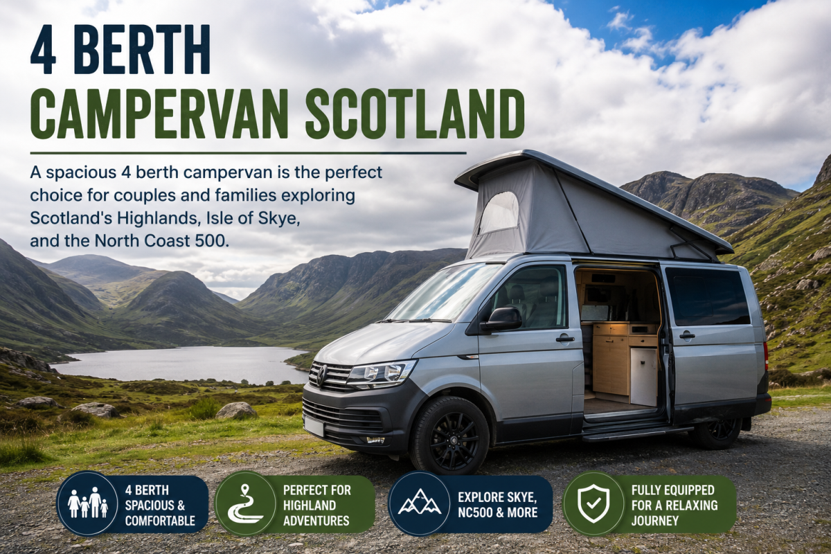 Modern 4 berth campervan parked in the Scottish Highlands, ideal for family road trips and scenic adventures across Scotland.
