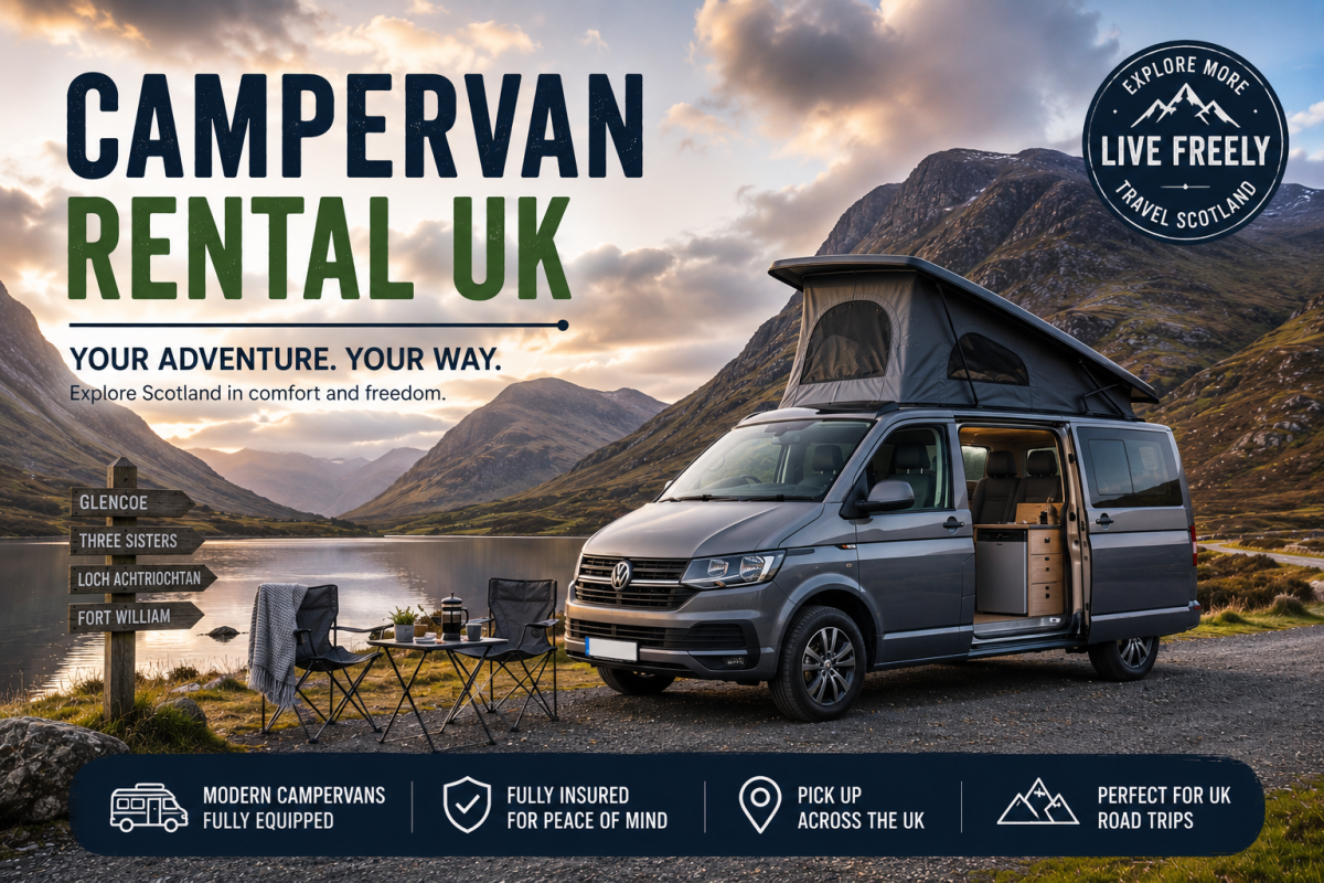 Modern campervan parked beside a scenic Highland loch near Glencoe, Scotland during a UK road trip.