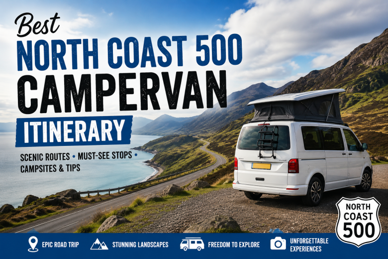 North Coast 500 campervan itinerary NC500 campervan route North Coast 500 road trip Scotland campervan itinerary Campervan hire Scotland Scottish Highlands road trip North Coast 500 travel guide NC500 itinerary 7 days