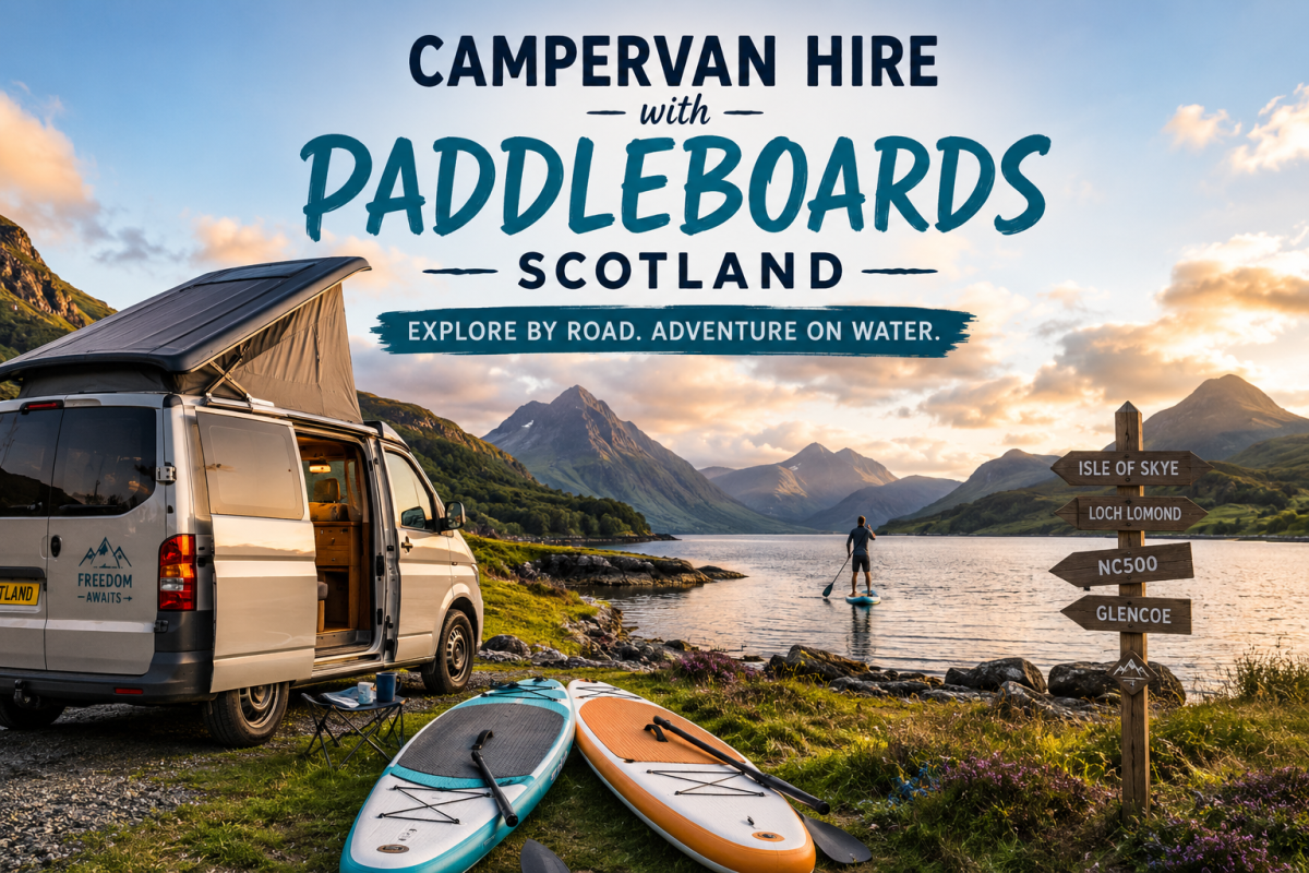 Campervan parked beside a scenic Scottish loch with inflatable paddleboards ready for an outdoor adventure Campervan Hire with Paddleboards Scotland