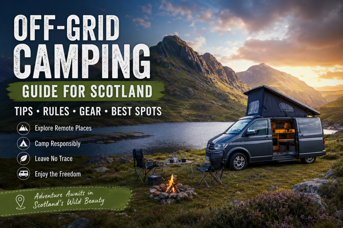 Campervan parked beside a remote Scottish loch during an off-grid camping adventure in the Highlands
