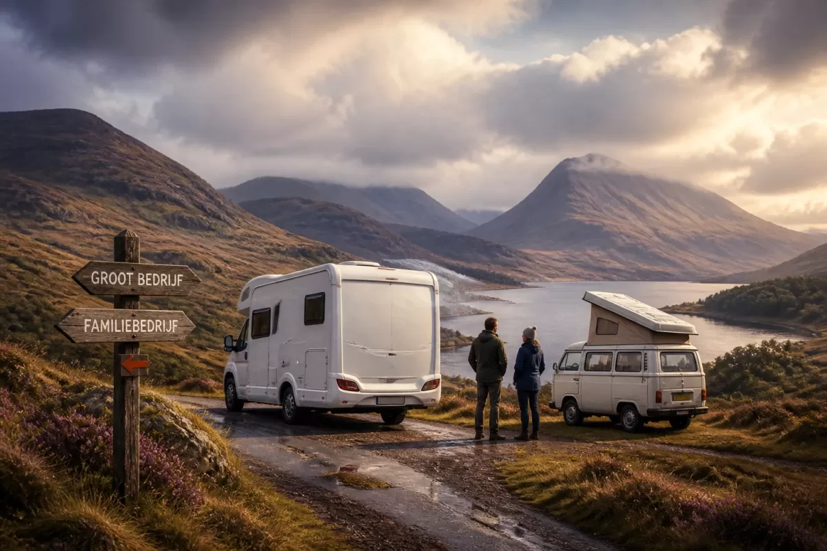 Professional header image for comparison analysis: Campervan huren in Schotland: groot bedrijf of familiebed...
