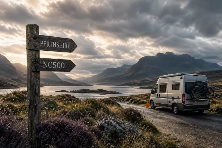 Professional header image for educational tutorial: Schotland met de camper: rondreis van Perthshire naar de ...