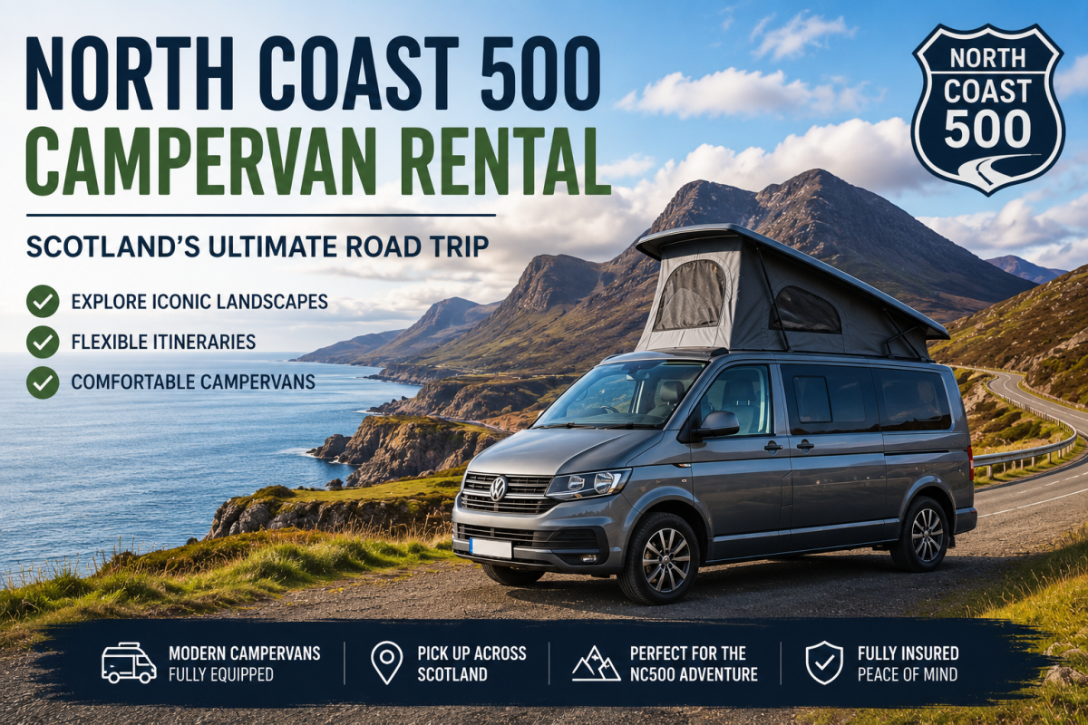 Modern campervan parked beside the North Coast 500 overlooking Scotland's rugged coastline and mountain scenery. UK camping holidays