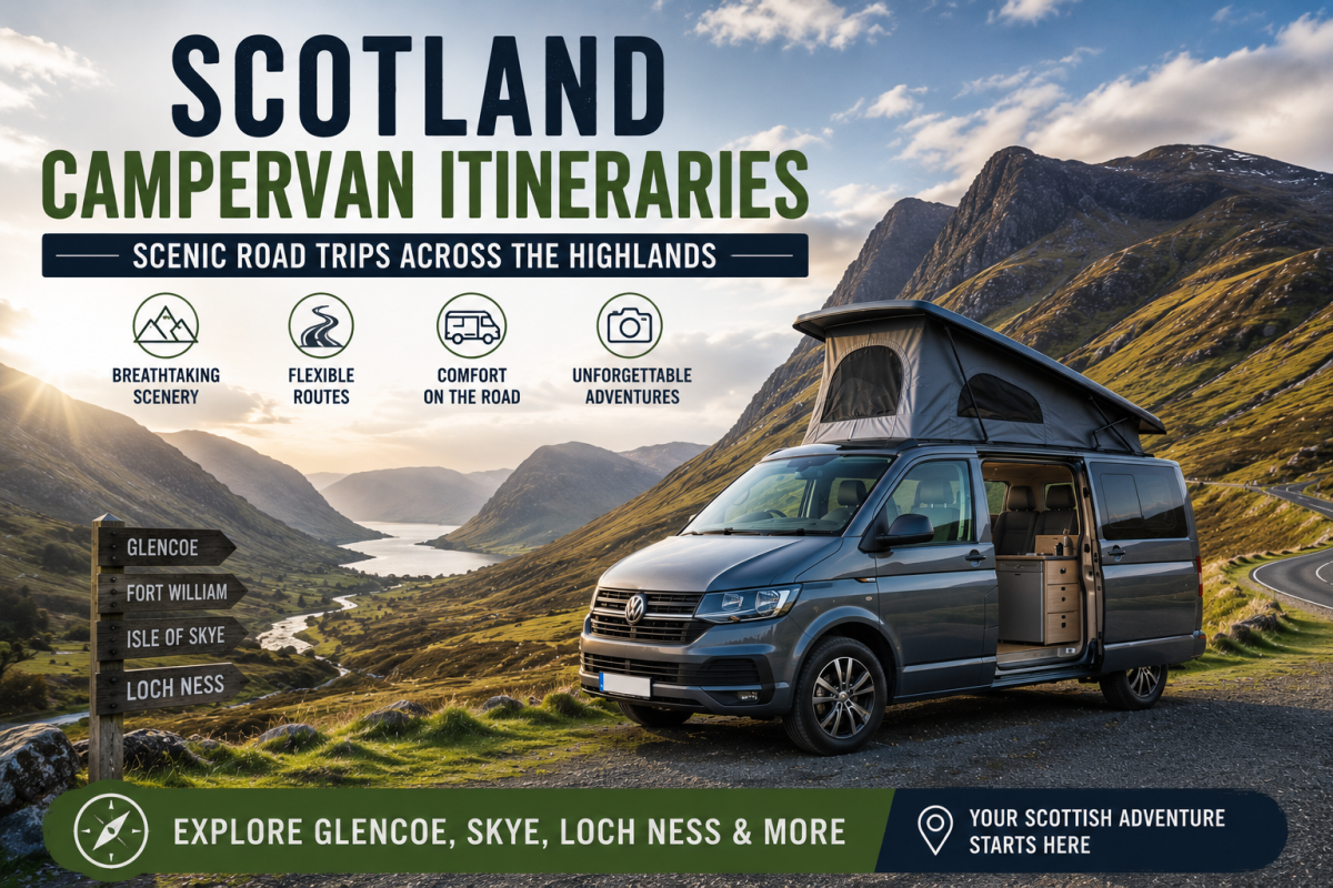 Modern campervan overlooking Glencoe in the Scottish Highlands during a scenic Scotland campervan itinerary. Scotland Campervan Itineraries