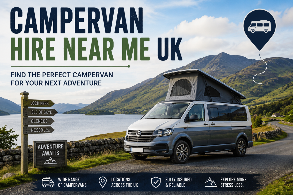 Modern campervan parked at a scenic UK campsite ready for a road trip adventure ,campervan hire UK