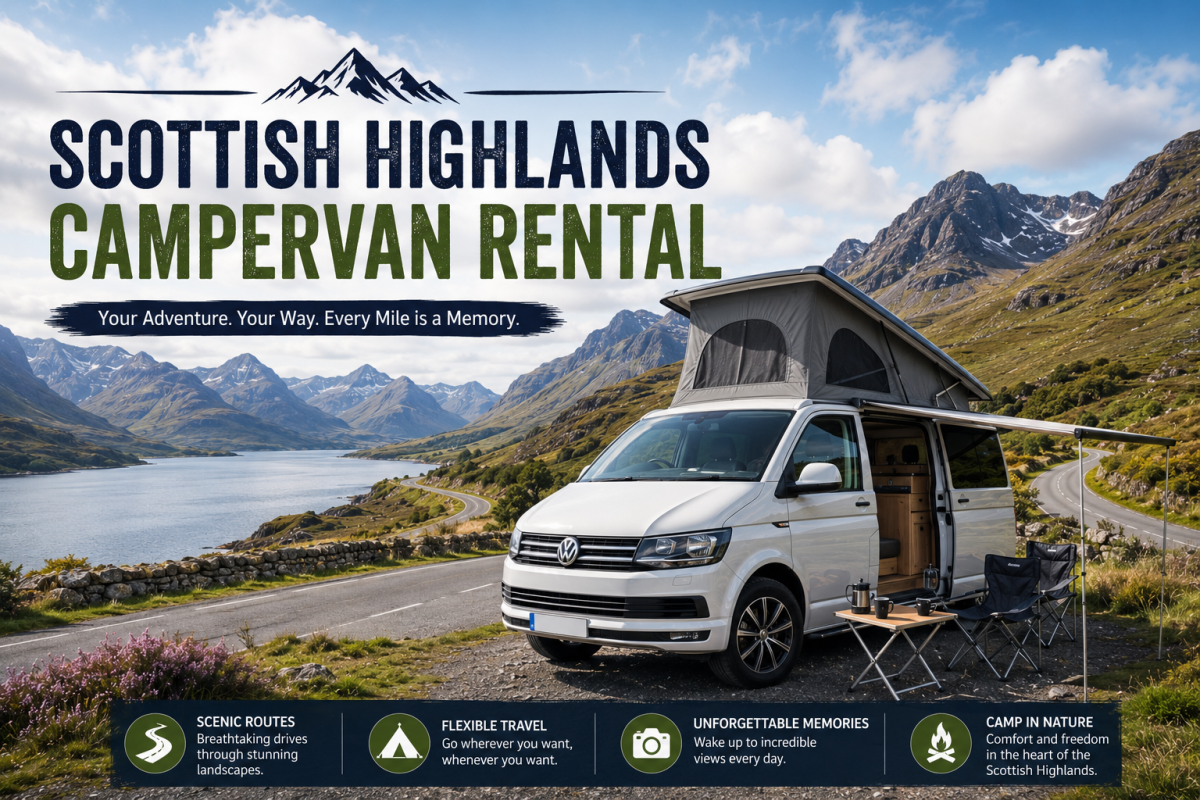 Campervan parked beside a scenic road in the Scottish Highlands during a road trip