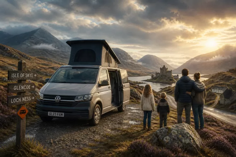 Professional header image for step-by-step guide: Gezinsvakantie in Schotland met een VW-campervan: Praktis...