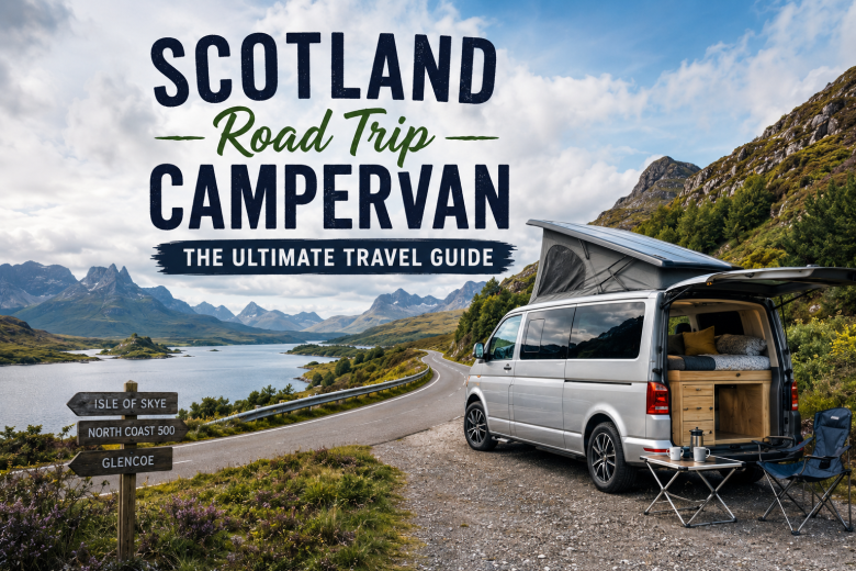 Campervan parked beside a scenic Scottish Highland road during a Scotland road trip Campervan hire Scotland Scotland campervan itinerary Scottish Highlands road trip North Coast 500 campervan Isle of Skye campervan Campervan holidays Scotland
